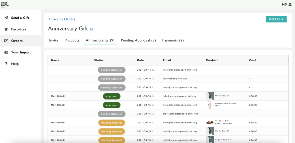 A screenshot from the Team Gifting Platform showing how it works from a user perspective