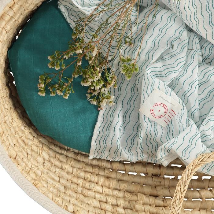 Waves of Joy Teal Organic Muslin Baby Shawl + Swaddling Wrap Gift Set