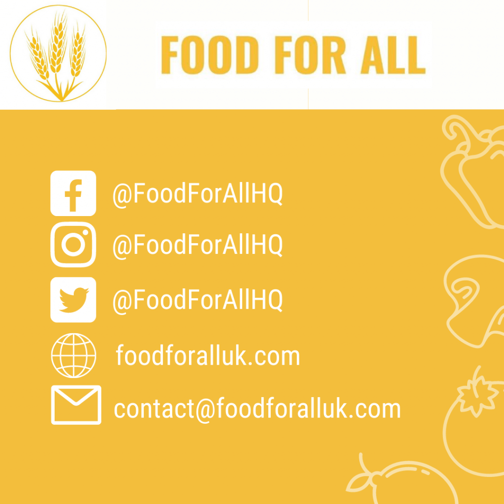 The Food For All social channels on a branded yellow backdrop with the charity logo