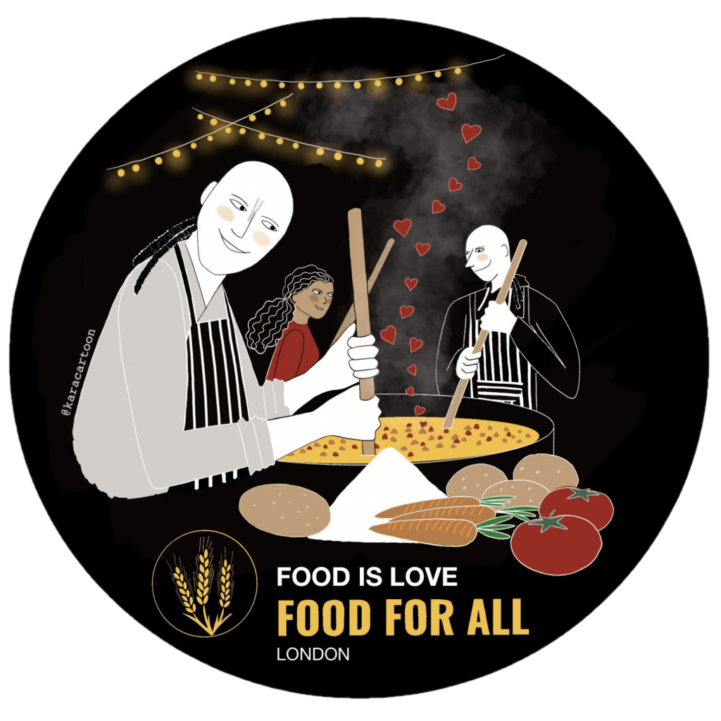 The Food For All logo showing an illustration of volunteers cooking