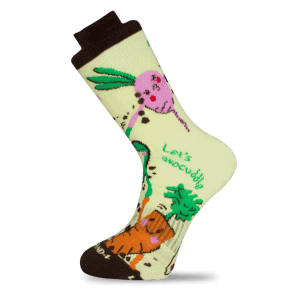 Vegan illustrated character such as a carrot adorn a sock