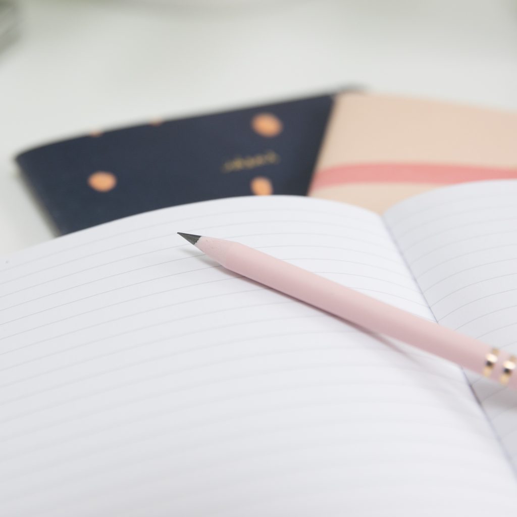 An open lined notebook with a pink pencil on top