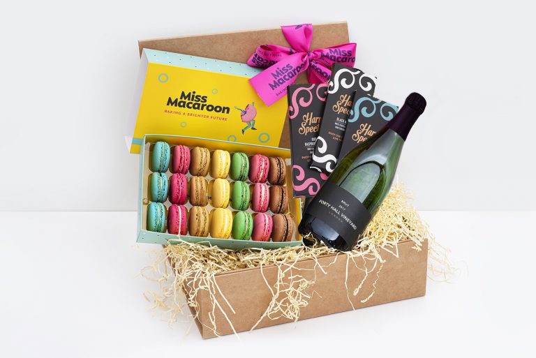 Chocolate lover's macaroon and English sparkling wine social enterprise hamper