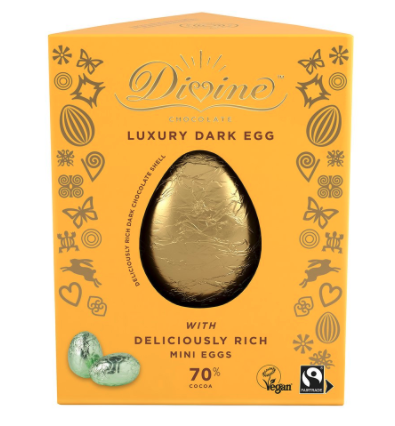 Divine's luxury dark chocolate Easter egg with mini eggs, shown in its yellow plastic-free packaging