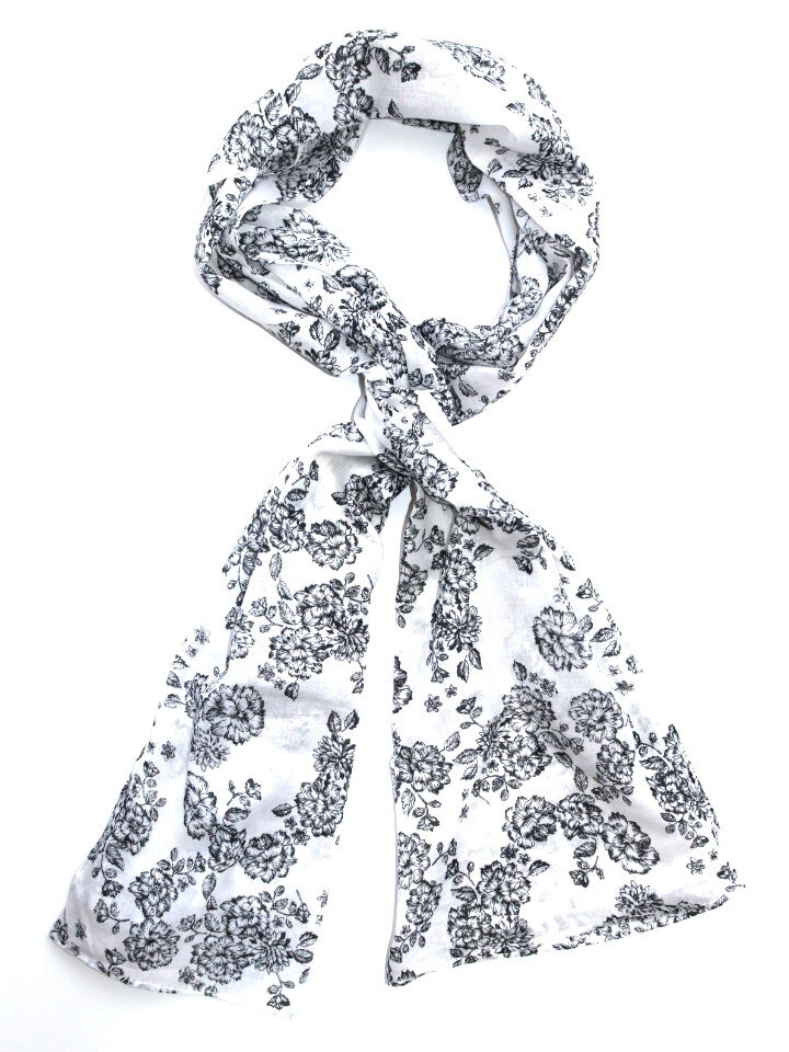 Black and White Floral hand block printed cotton scarf