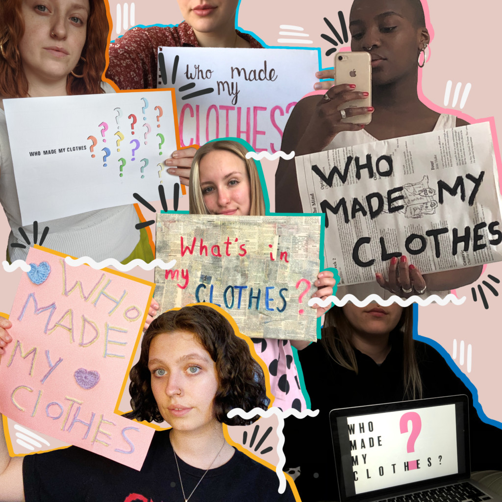 A collage of women holding signs that say who made my clothes