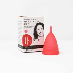A Hey Girls menstrual cup, large, together with the box it comes in