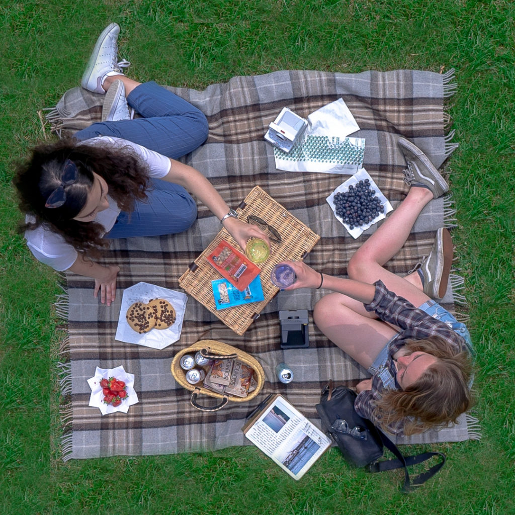 Two women cheers over a picnic hamper while sat on a picnic blanket. They're surrounded by food and are shot overhead, bird's eye view.