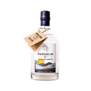A photo of Pangolin Gin's 50cl Bottle which is clear glass with a yellow and blue label and a blue cap.