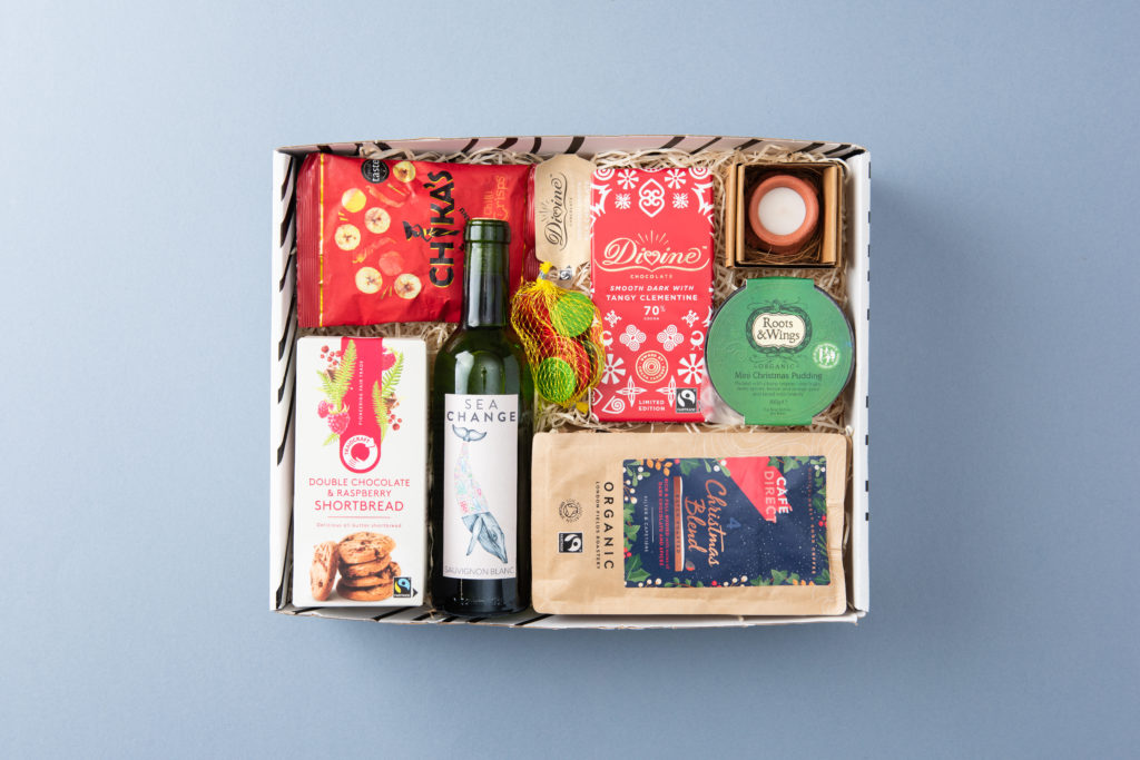 A bird's eye view of the products in the gift box.