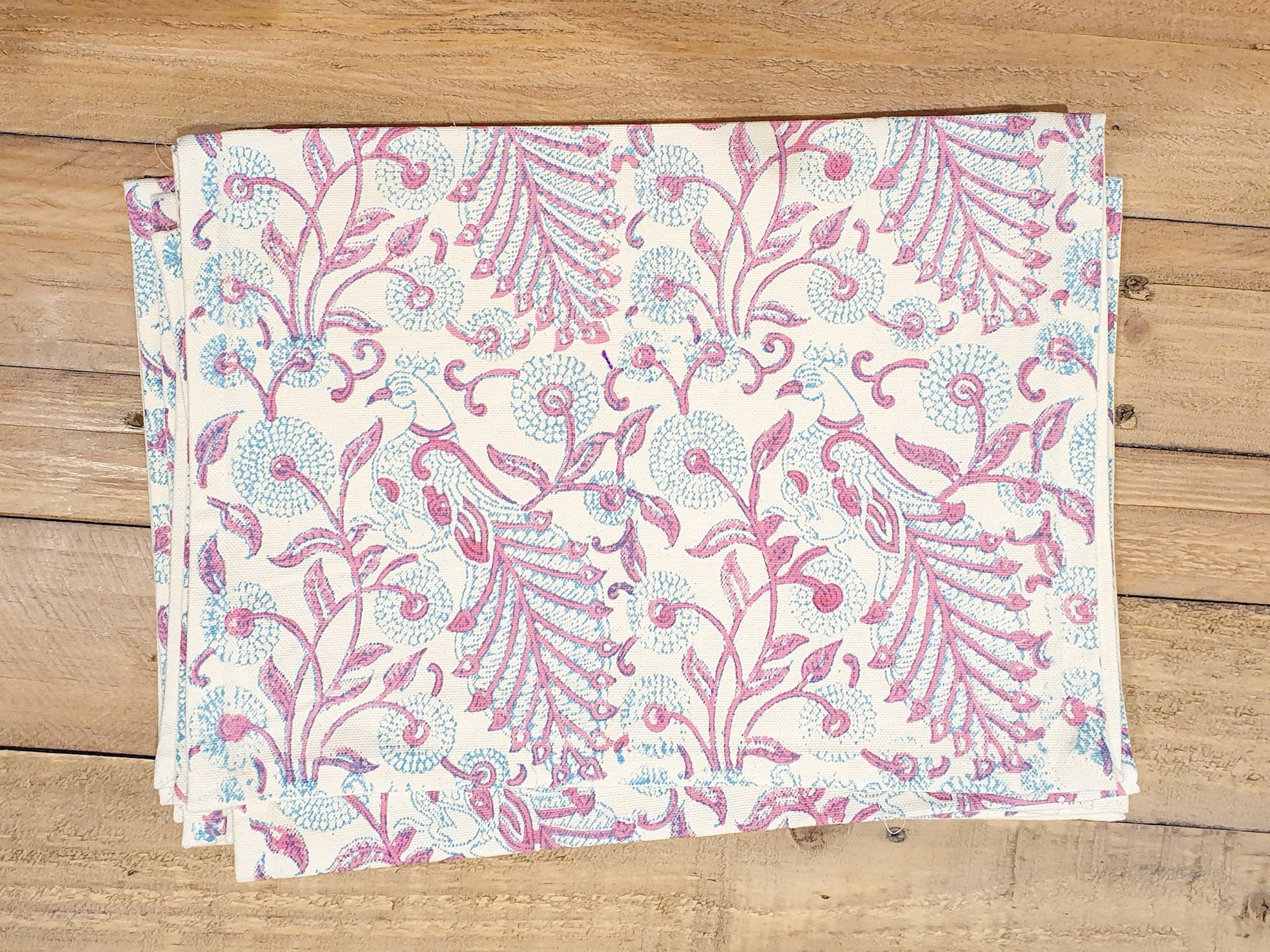 Block-Printed Placemats - teal and pink (set of 2)