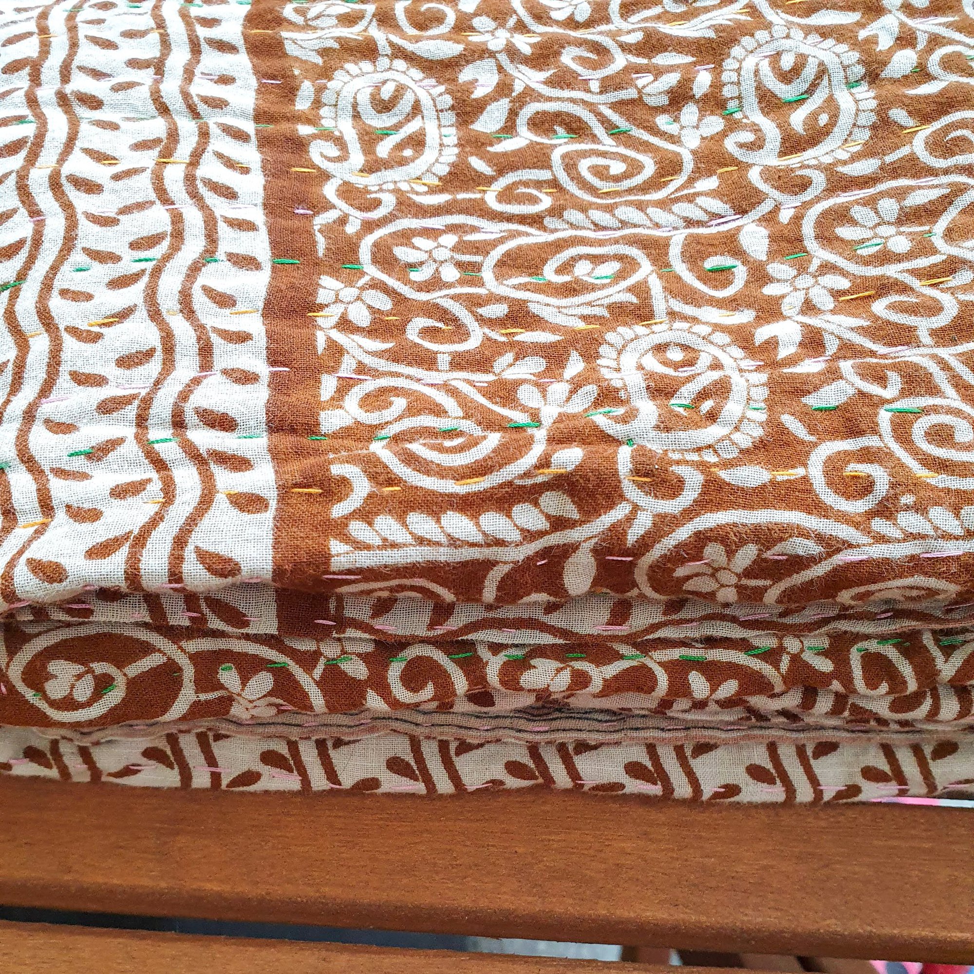 Mini Traditional Bengali Vintage Cotton Kantha Quilt (Copper & Beige Paisley)