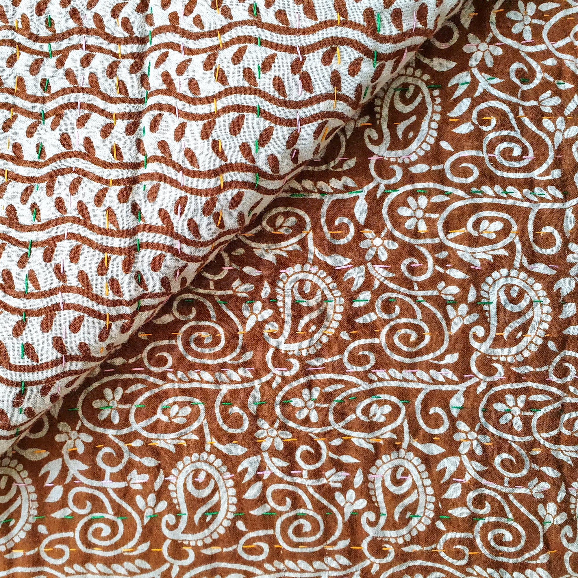 Mini Traditional Bengali Vintage Cotton Kantha Quilt (Copper & Beige Paisley)