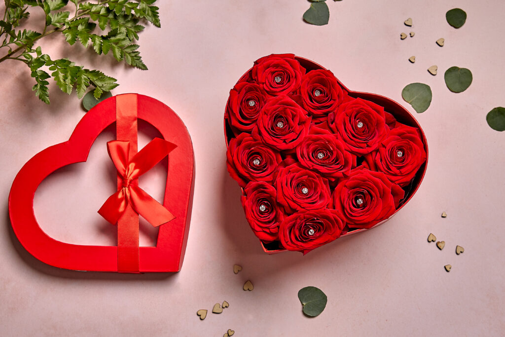 A heart-shaped box of roses