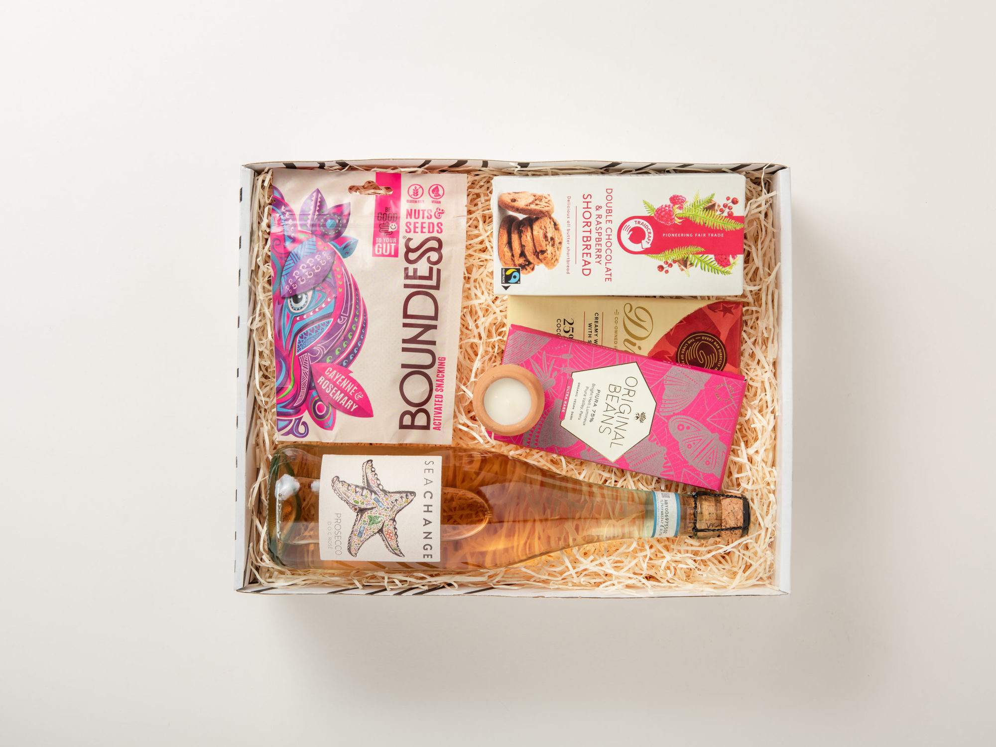 The Pretty in Pink Valentine's Day Gift Box as if shot from a bird's eye view.