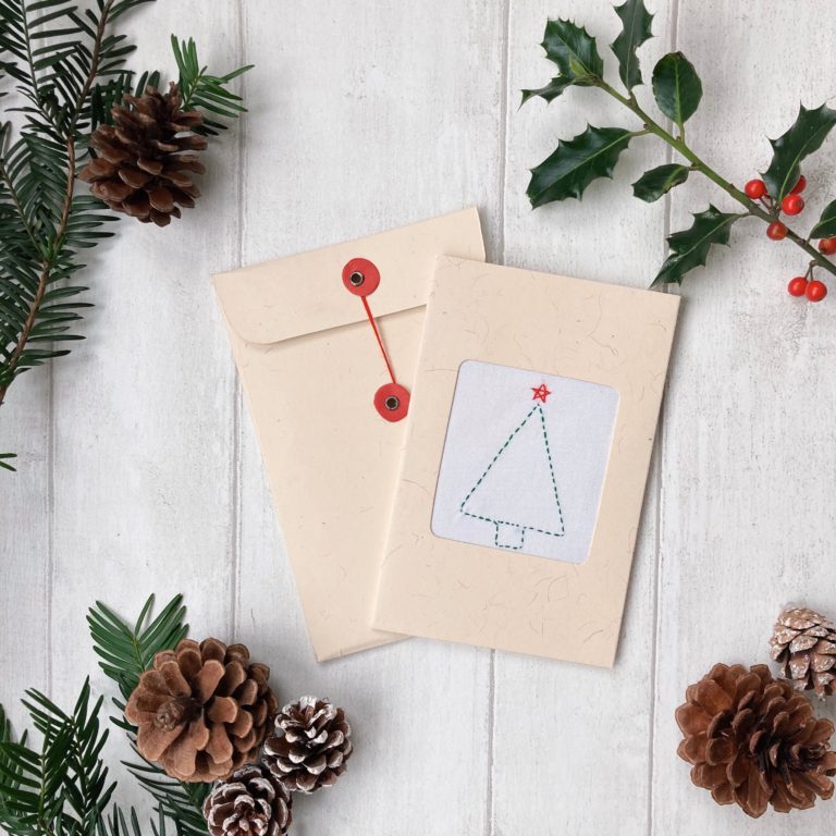 Handmade Christmas Card - Embroidered Christmas Tree - Single Card