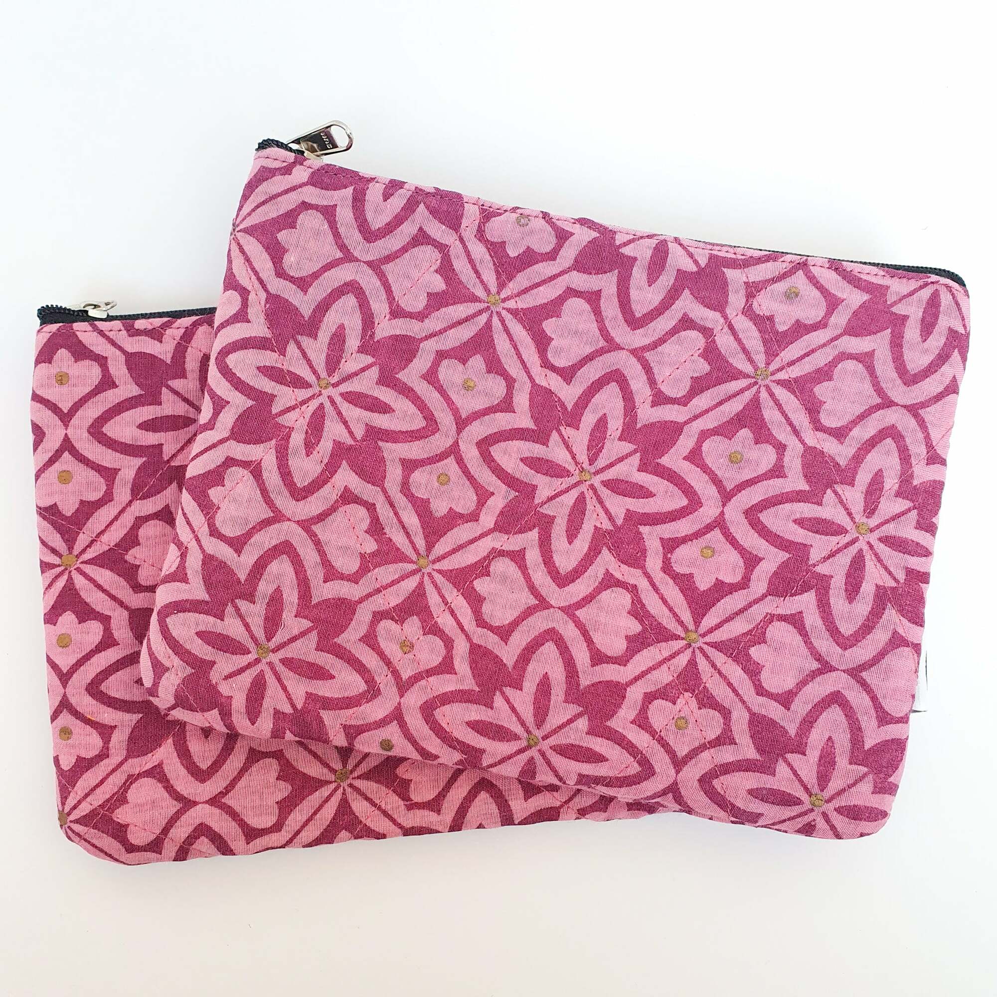 Flat upcycled sari pouch, large wallet, pink geometric design