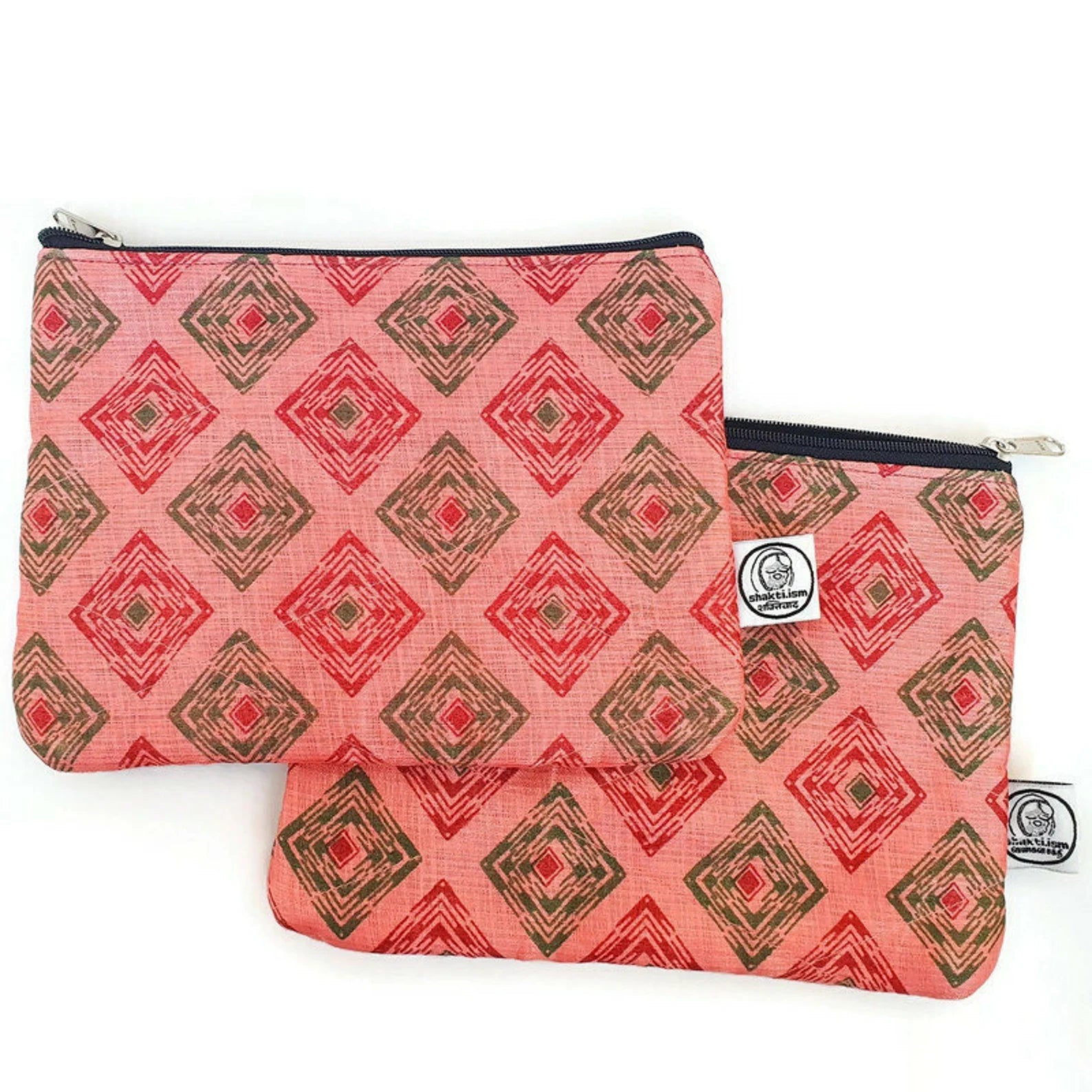 Flat upcycled sari pouch, large wallet, pink diamonds pattern