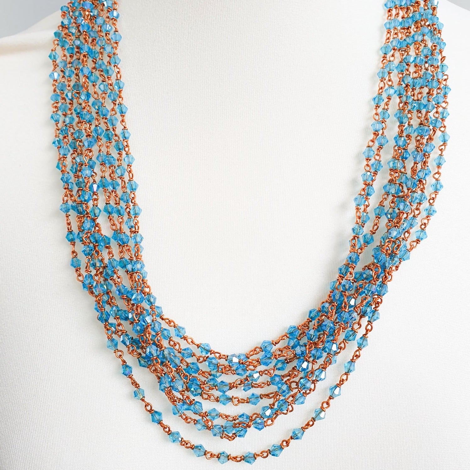 Handmade Glass Beaded Necklace With Copper Wire, Light Blue Beads