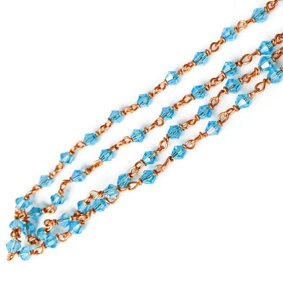 Handmade Glass Beaded Necklace With Copper Wire, Light Blue Beads