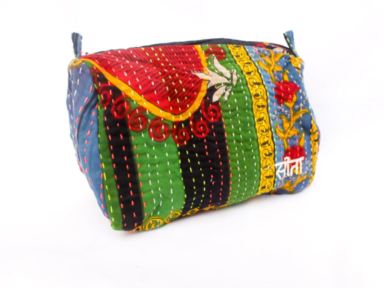 Large kantha-stitch makeup pouch, bold colours