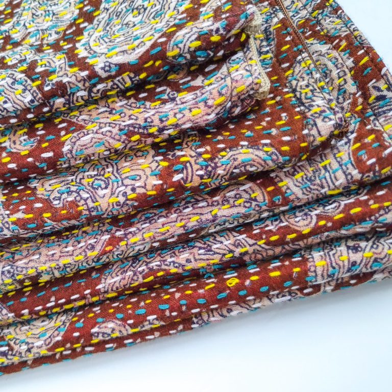 Upcycled sari clutch with kantha stitch