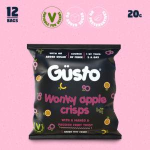 Gusto crisps on a pink background with awards and accreditation logos at the top