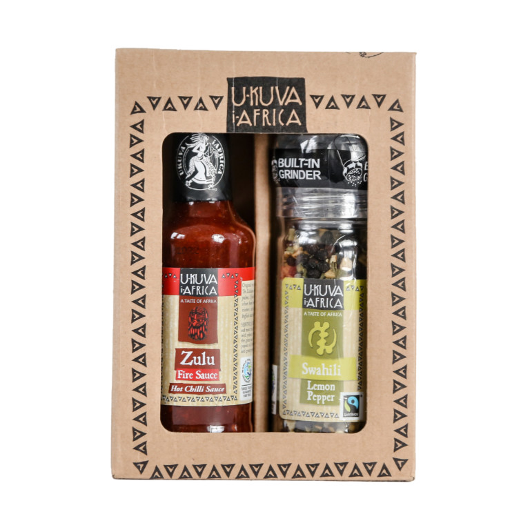 Zulu Fire Hot Chilli Sauce & Swahili Lemon Pepper Grinder Gift Set