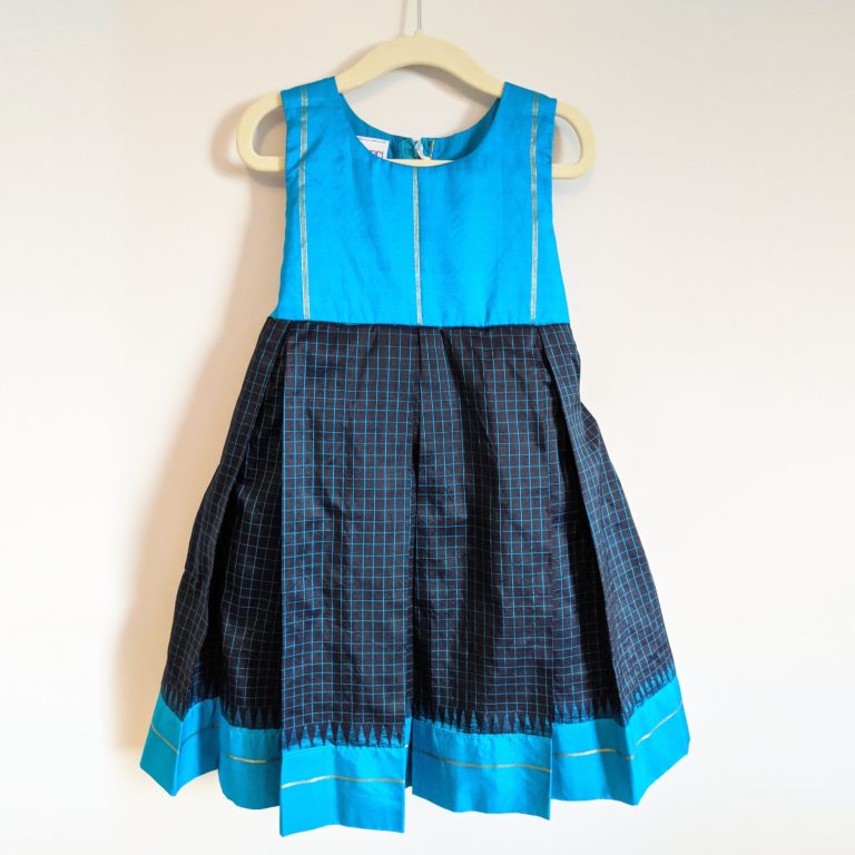 Blue Pleated Silk Girls Dress - 6-7