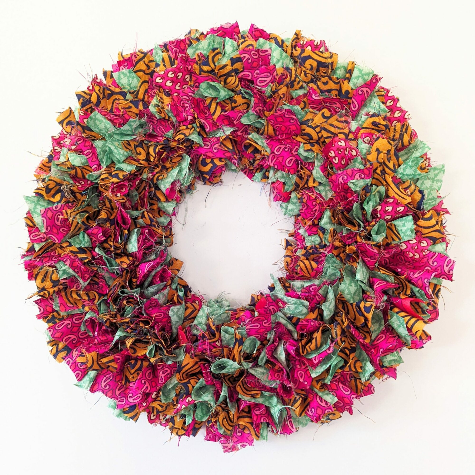 Handmade Upcycled Sari Rag Wreath - heena orange fuchsia