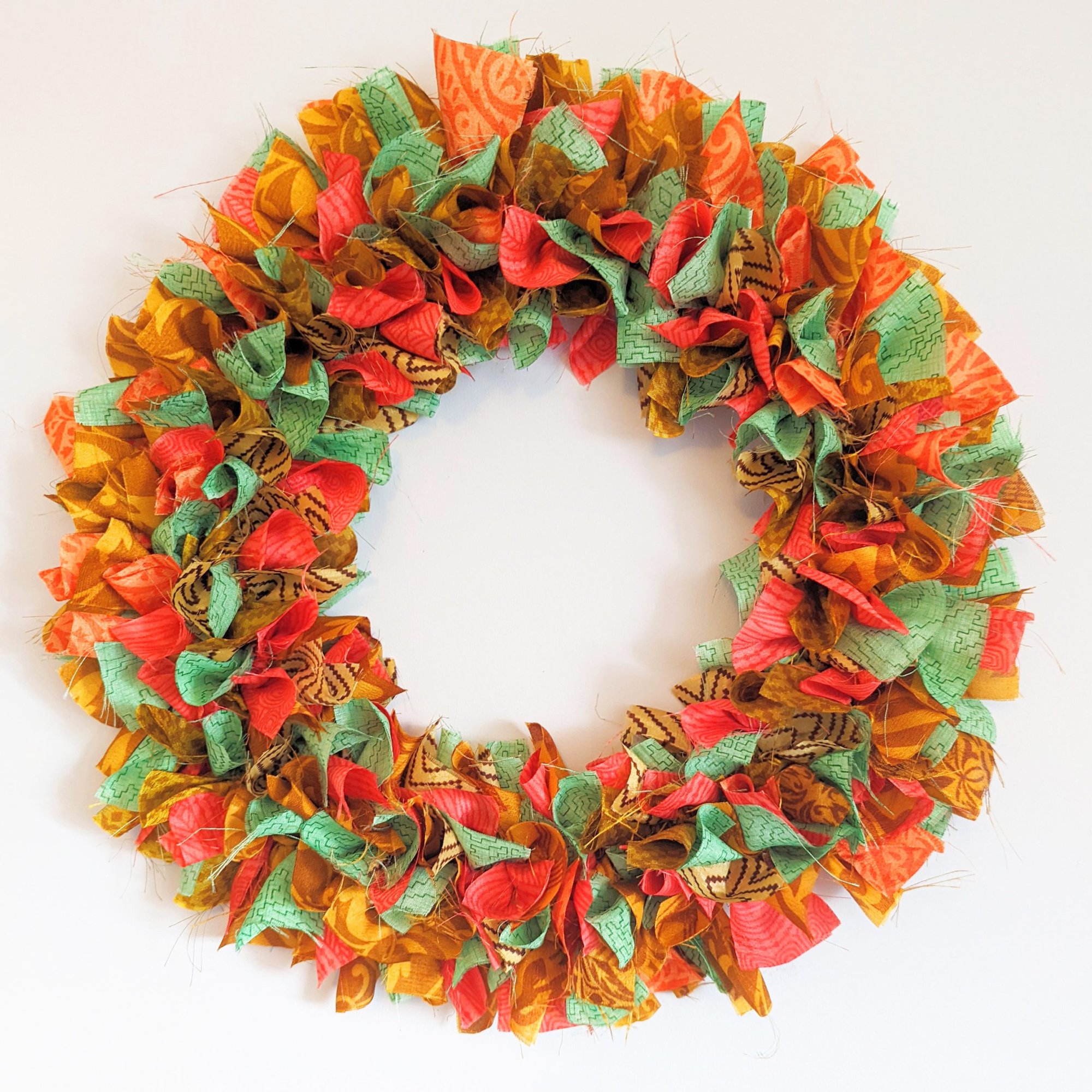 Handmade Upcycled Sari Rag Wreath - kamala peach