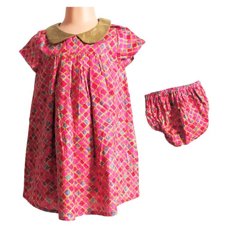 Pink Diamond Pattern Baby Dress And Matching Bloomers