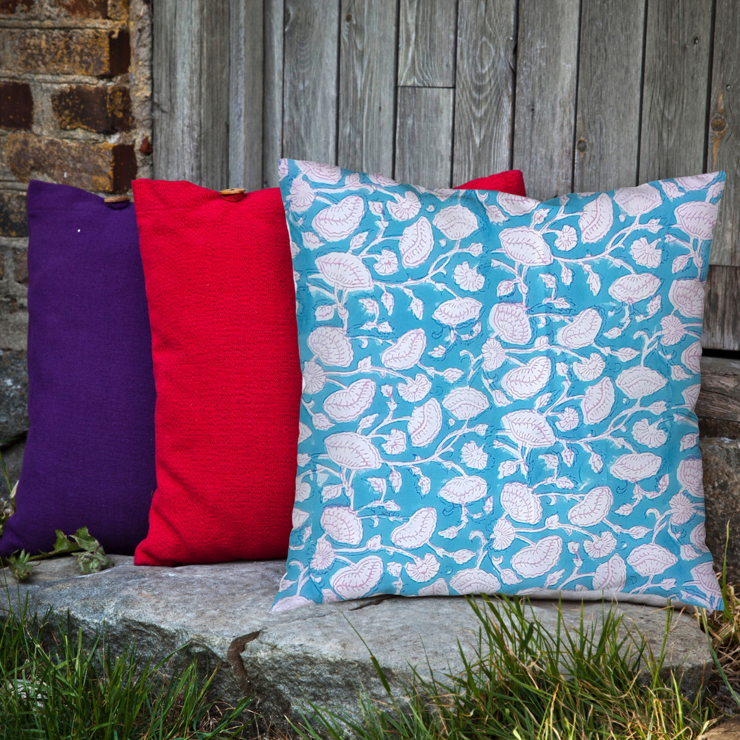 Block-printed Cushion Cover - Teal And Pink