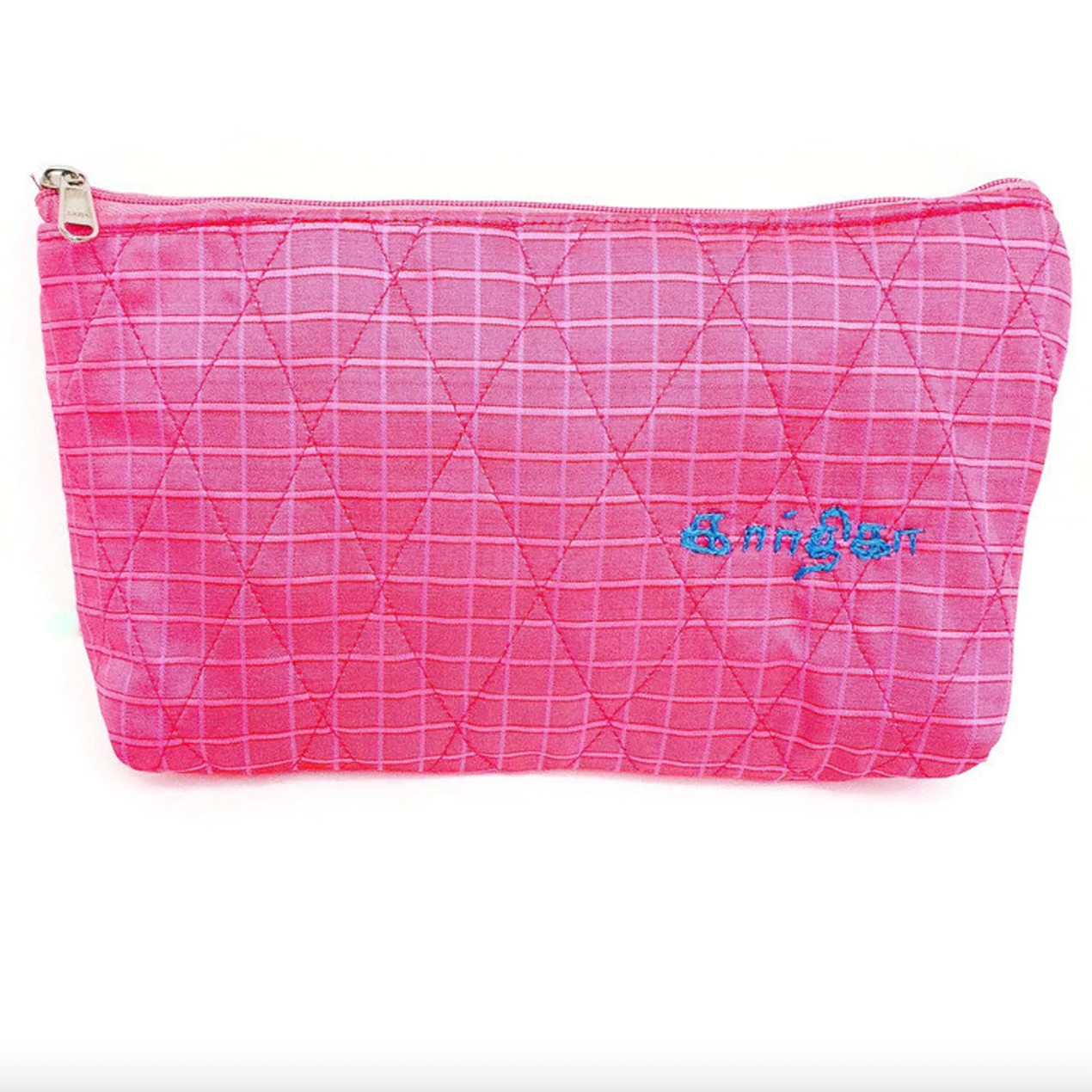 Flat Bottom Upcycled Sari Pouch - Hot pink