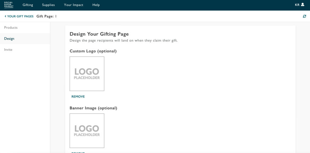 A screenshot from the Team Gifting Platform with fields to add company logo, banner image and more