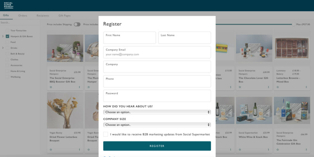 The web view to register for the Platform, showing a form to be filled in and the Platform behind the form with gift options