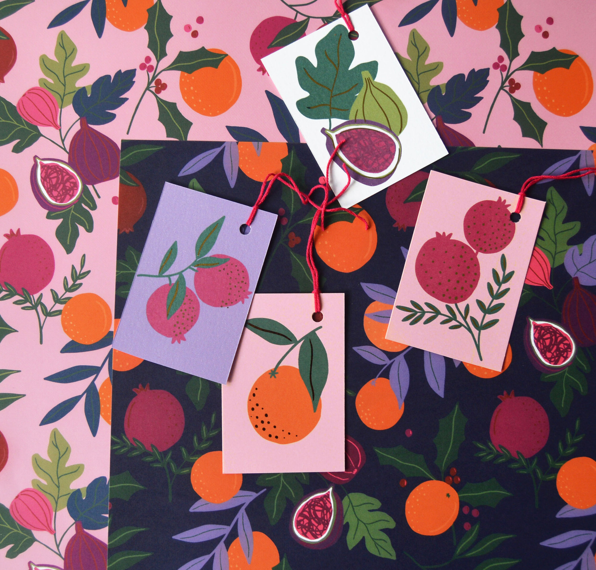 Botanical Fruits Wrapping Paper - Navy, 2 sheets & 2 tags