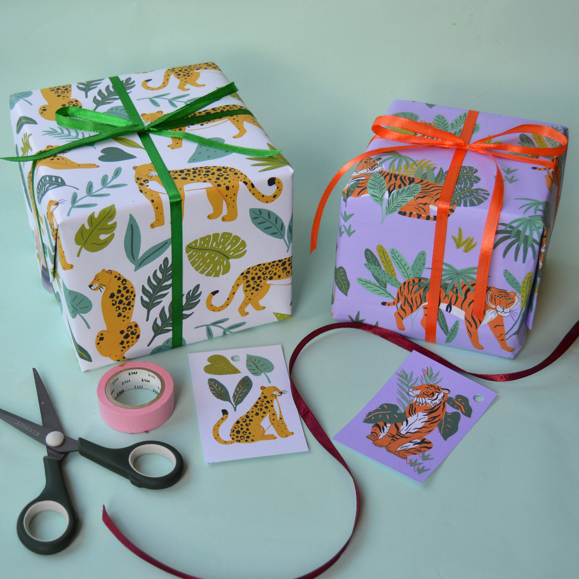 Jungle Leopard Wrapping Paper - big cat bundle 2 sheets 2 tags (1 leopard/ 1 tiger)
