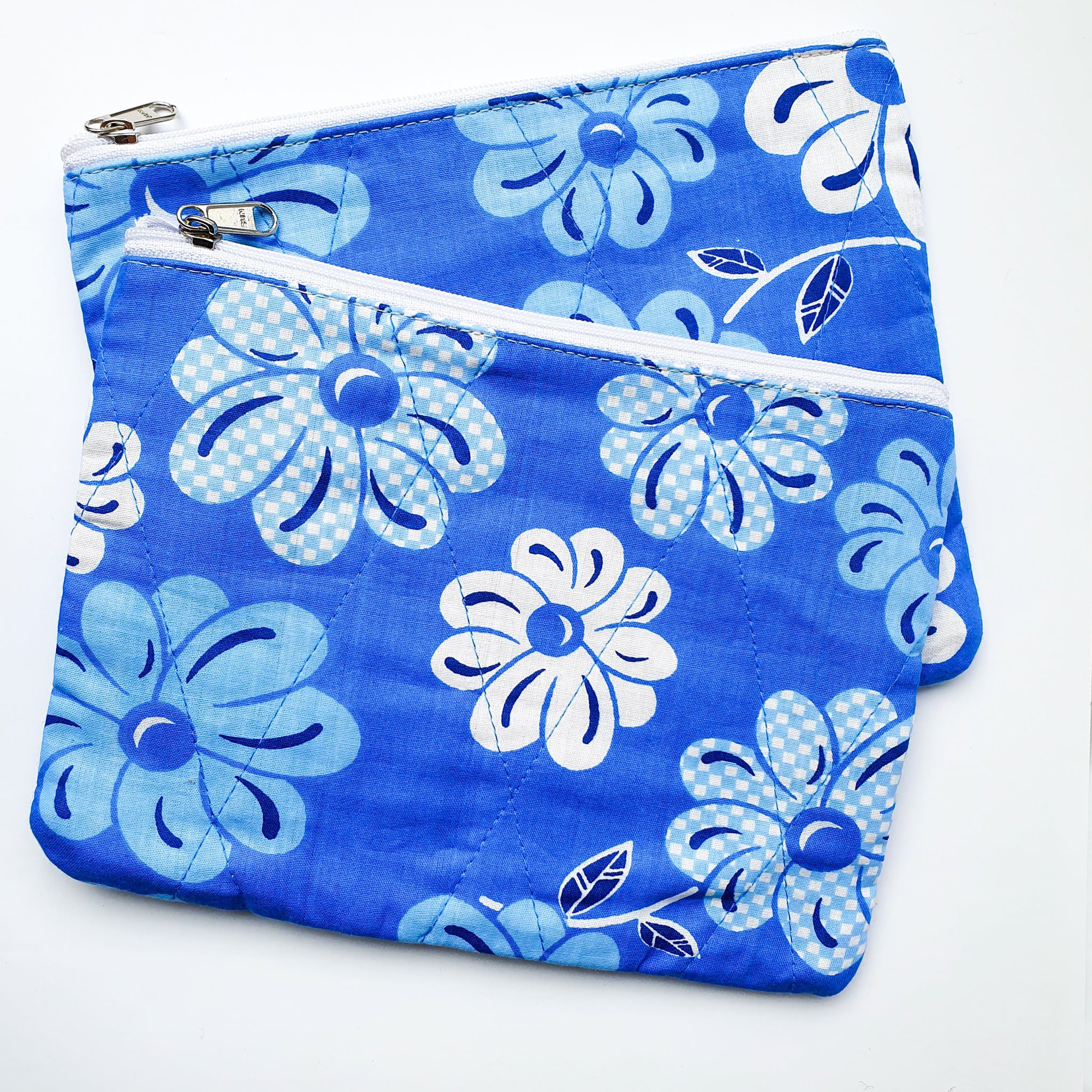 Flat Upcycled Sari Pouch, Large Wallet, Blue Floral Design