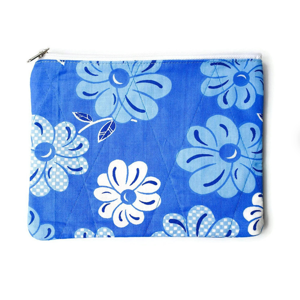 Flat Upcycled Sari Pouch, Large Wallet, Blue Floral Design