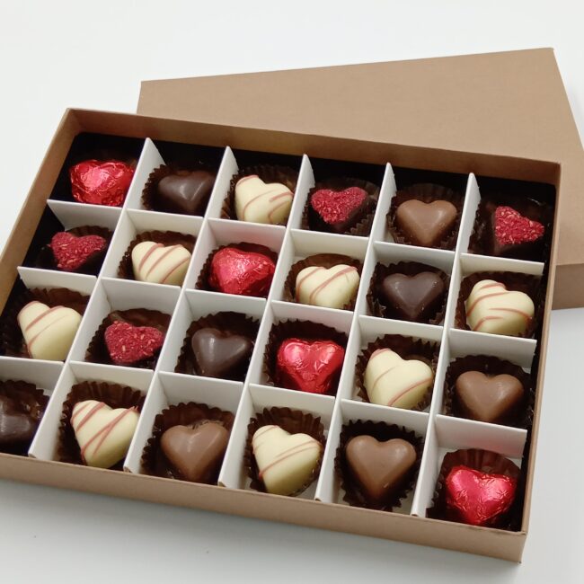 White, Milk and Dark Chocolate Filled Hearts – Box of 24