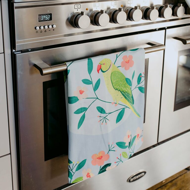 Placement Parakeets In Branches Organic Cotton Tea Towel