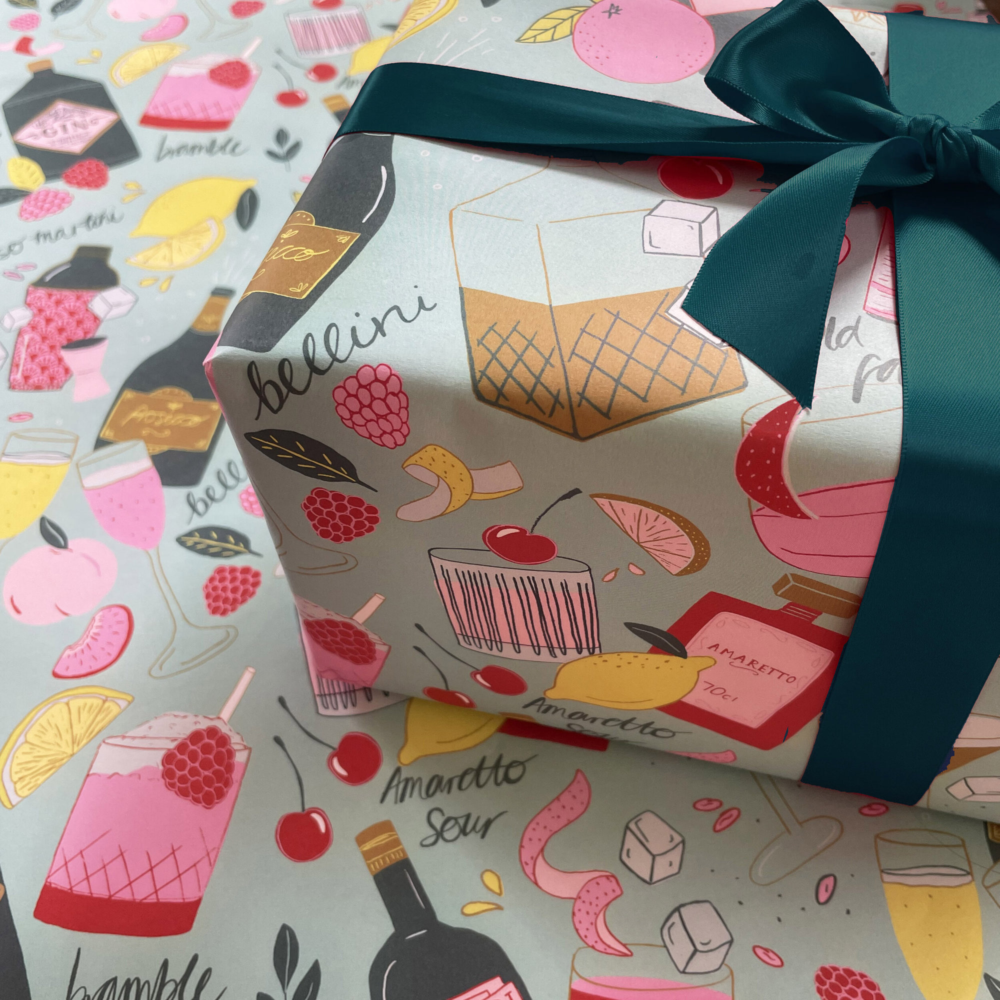Mint Cocktail Party Wrapping Paper - 2 sheets wrap + 2 tags