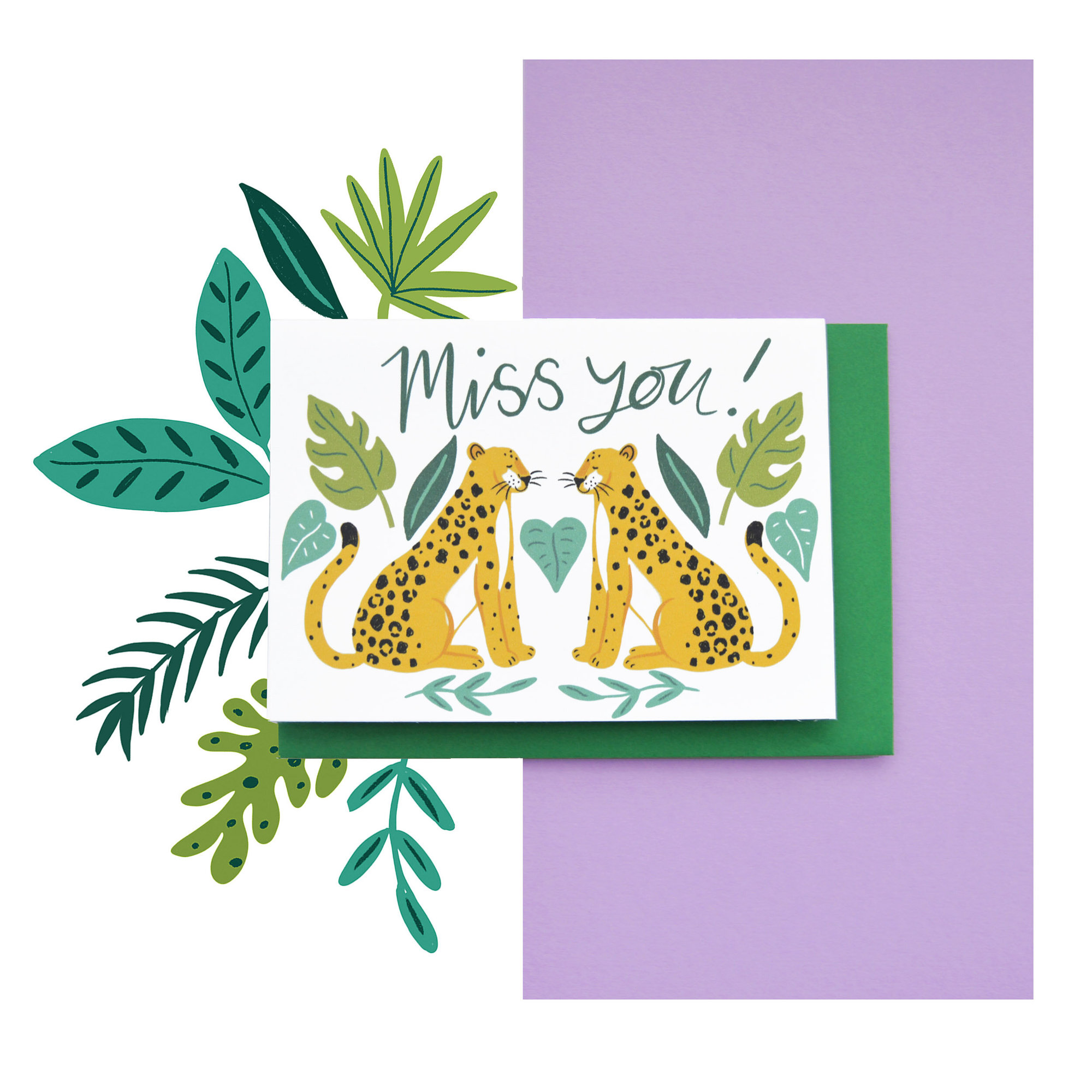 'miss You!' Leopards Card - Just the card, Standard Envelope