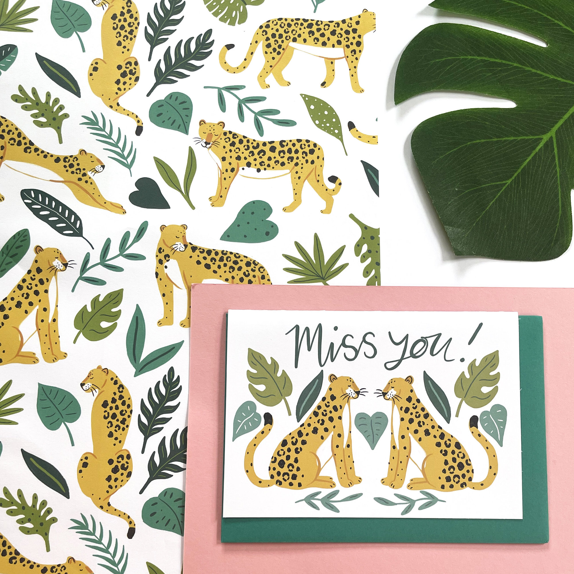'miss You!' Leopards Card - Card + co-ordinating wrap, Standard Envelope
