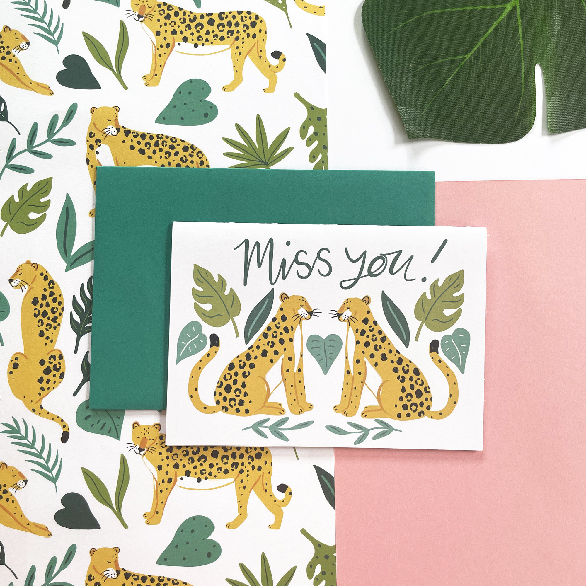 'miss You!' Leopards Card - Card + co-ordinating wrap, Lined Envelope