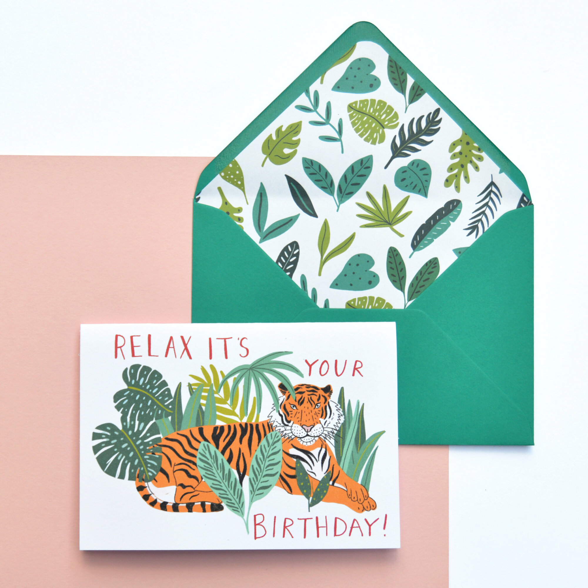 'relax It's Your Birthday'. Tiger Birthday Card - Green Jungle Lined