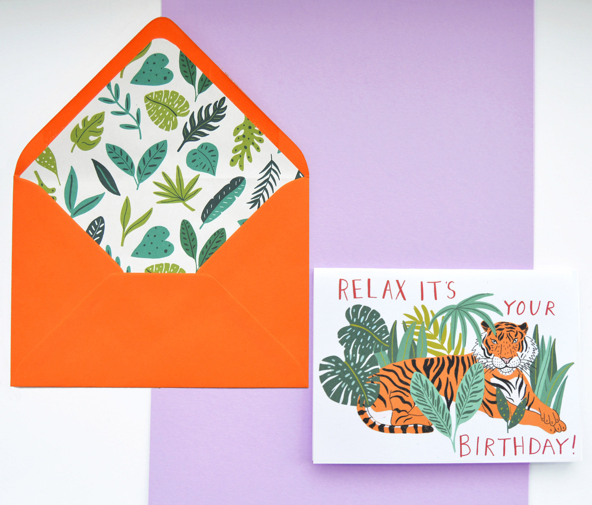 'relax It's Your Birthday'. Tiger Birthday Card - Orange Jungle lined