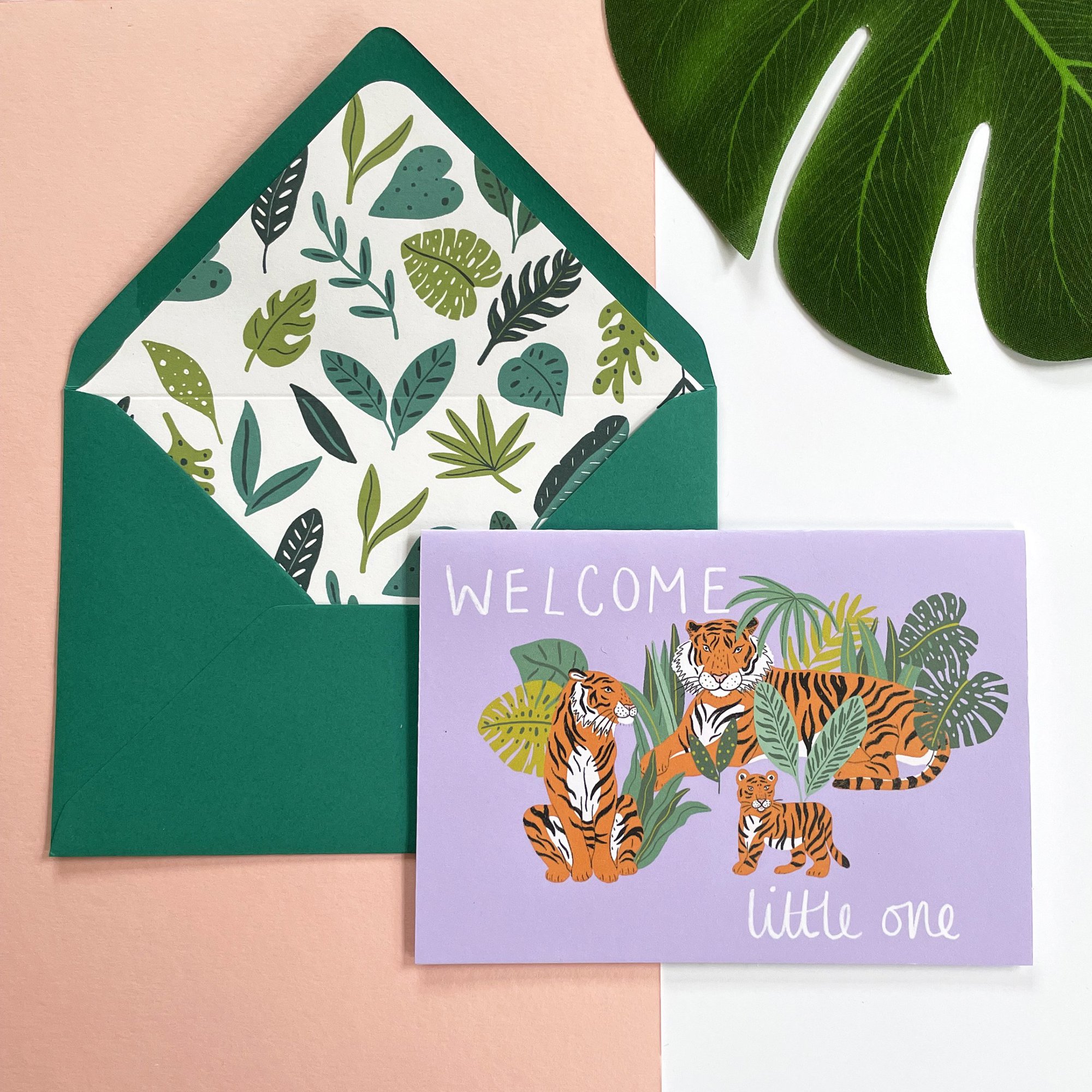 'welcome Little One' New Baby Tiger Family Card. - Just the card, Green Jungle lined