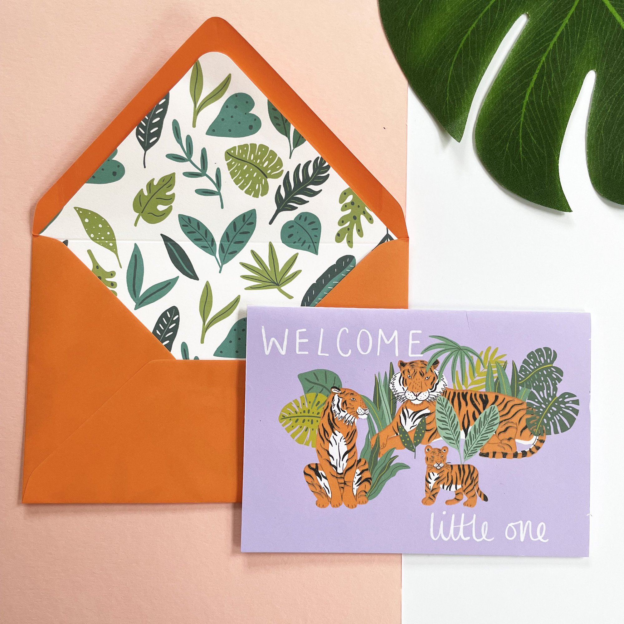 'welcome Little One' New Baby Tiger Family Card. - Just the card, Orange Jungle lined